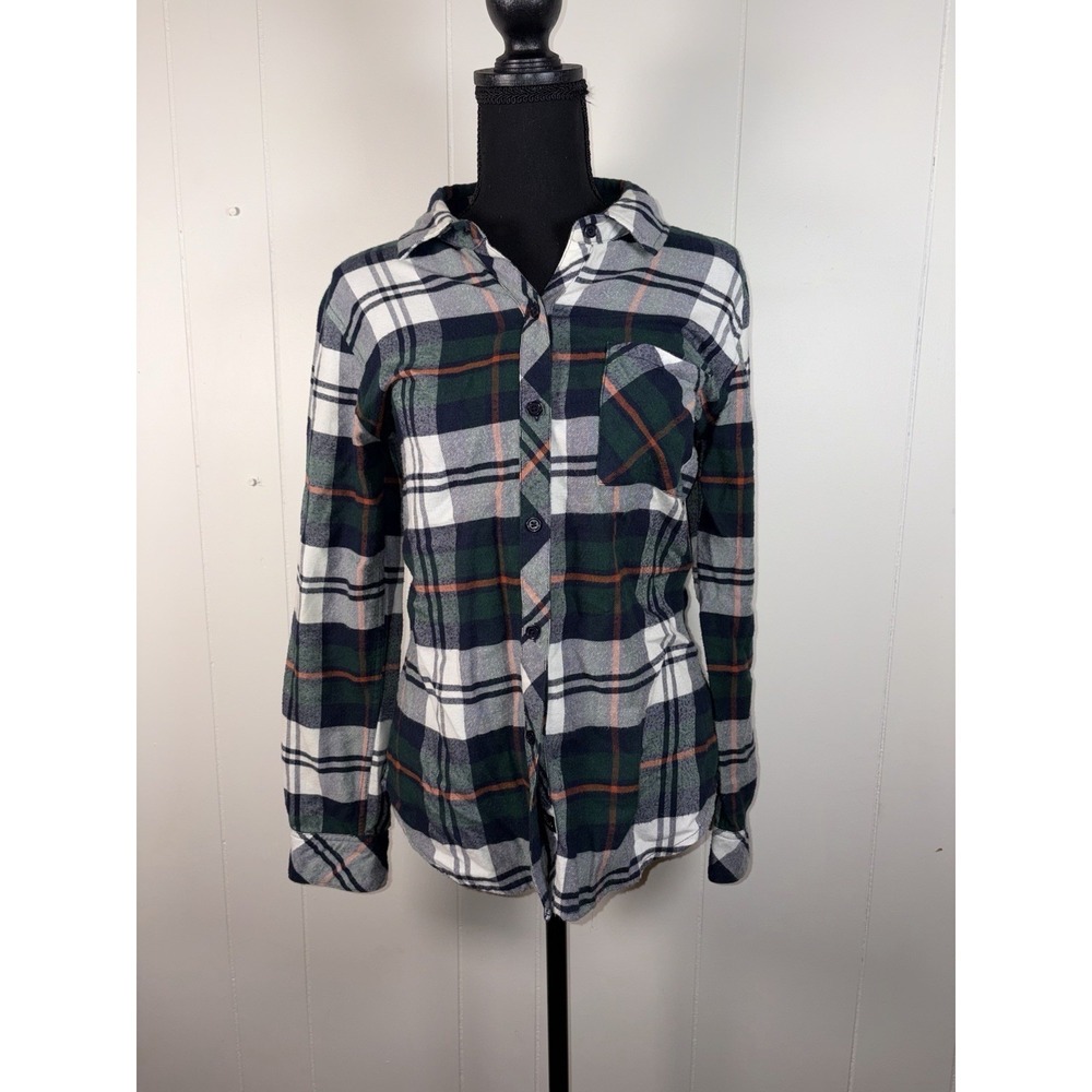 Rails Kendra Plaid Button-Up Shirt in a forest, navy, and stone color xs